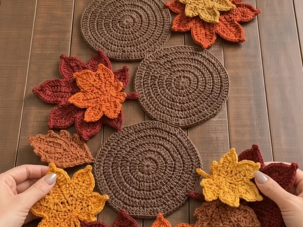 Maple Leaf and Wood Slice Crochet Table Runner