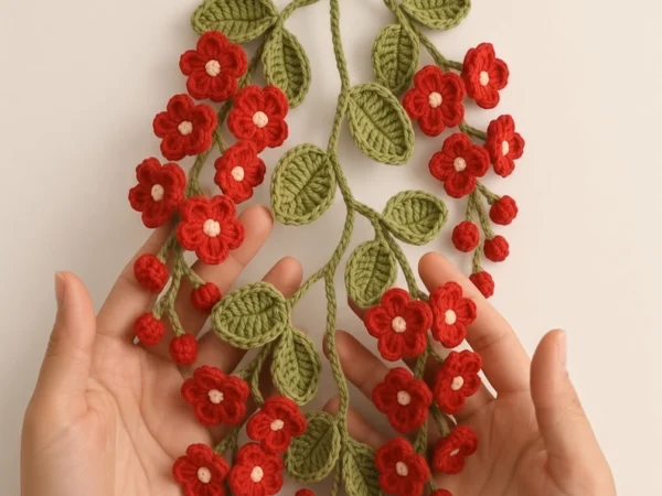 Cascading Red Blossom Crochet Wall Hanging