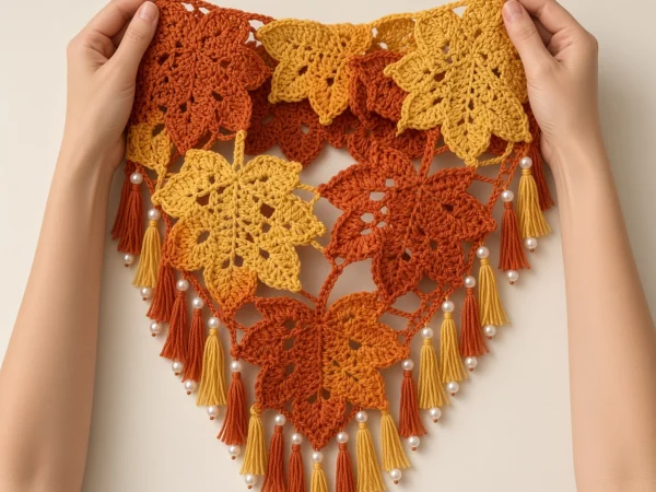 Autumn Maple Leaf Crochet Shawl with Beaded Tassels