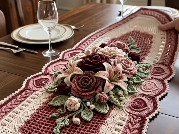 Vintage Rose Bouquet Crochet Table Runner