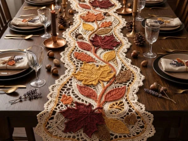 Irish Lace Textured Maple Leaf Vine Table Runner Pattern