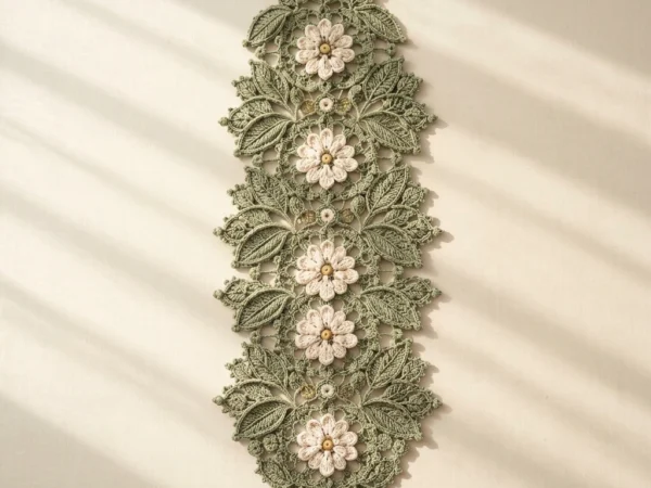 Irish Lace Sage Leaf and Cream Flower Table Runner Pattern