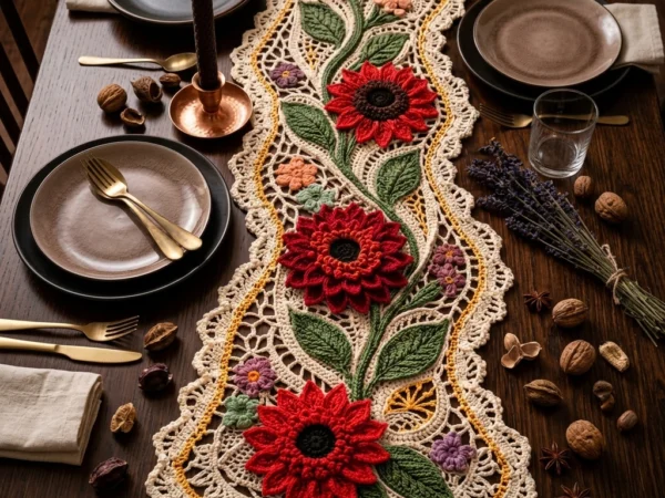 Irish Lace Red Sunflower Vine Table Runner Crochet Pattern