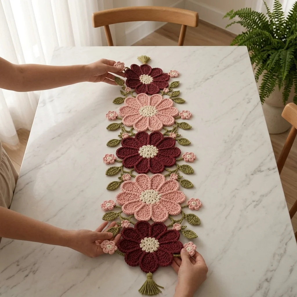Burgundy and Blush Flower Vine Table Runner Crochet Pattern — Free ...