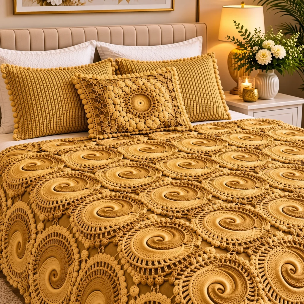 Mustard Spiral Medallion Bedspread and Cushions Crochet Pattern — Free ...