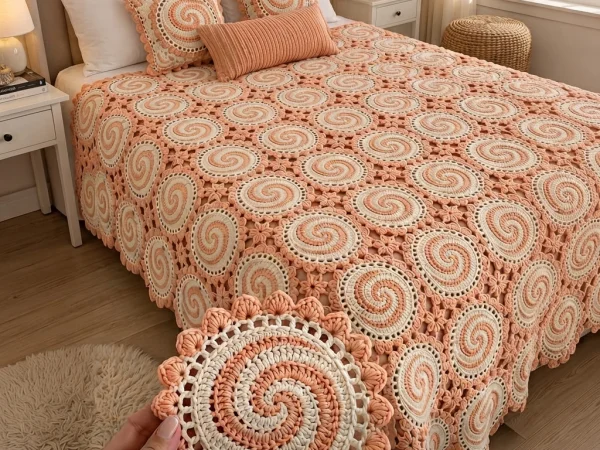 Peach and Cream Spiral Motif Crochet Blanket