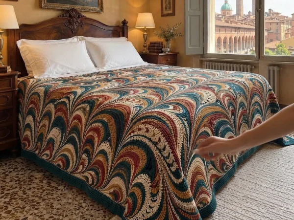 Teal and Brick Feather and Fan Crochet Blanket