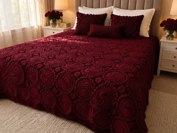 Burgundy Textured Spiral Motif Crochet Blanket
