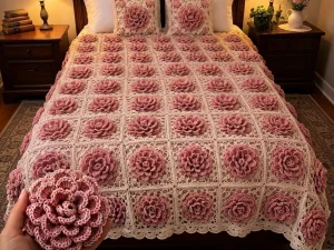 Cream Lace Square Crochet Blanket with Dusty Pink Roses