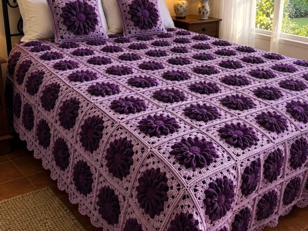 Lilac Lace Square Crochet Blanket with Purple Dahlias