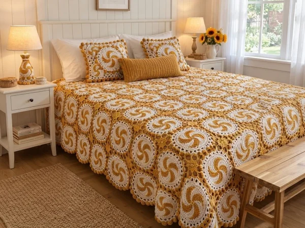 Golden Pinwheel Crochet Bedspread